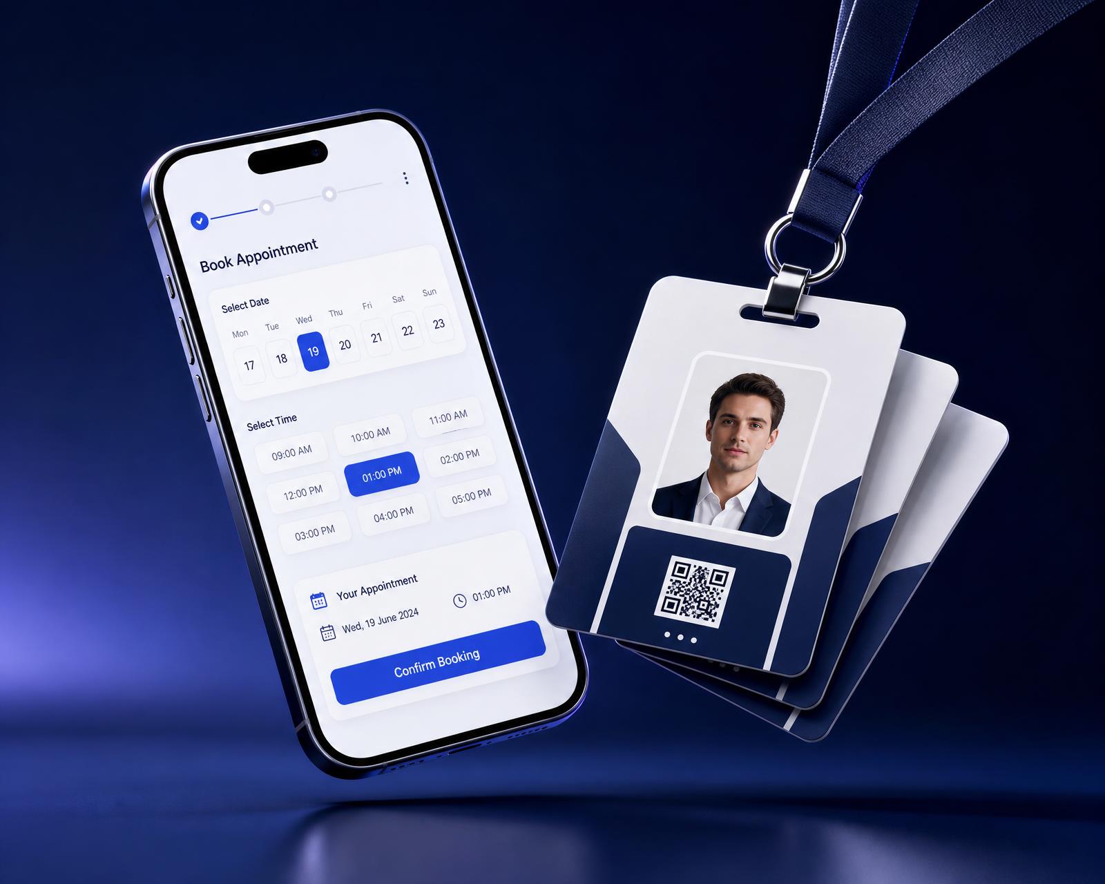 Celular exibindo a agenda online da UNI+ ao lado de crachás em PVC personalizados